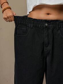 Freevana Quần jeans ống rộng, màu trơn, cạp chun kiểu túi giấy, cỡ lớn, có túi. - màu đen - Xem 6
