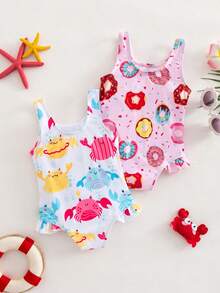 SHEIN Buy One Get One Free 2 Pieces Baby Girl Cute And Versatile Sleeveless Swimsuit Set With All-Over Crab And Macaron Patterns, Perfect For Vacations And Spring/Summer. - Multicolor - View 6