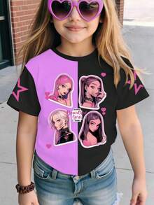 Young Girl Casual Fashionable Creative Personalized Refreshing Minimalist Cool Virtual Girl Group Pentagram Heart Purple Mix Black Graphic Tee, Comfortable Daily Wear, Cozy Summer & Fall Styles Suitable For Spring, Summer, Autumn Graphic Girl Shirts Anime Girl Shirt Tv Girl Shirt Merch Star Girl Shirt - Multicolor - View 3