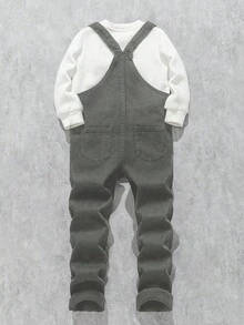 Young BoyLetter Print Black Denim Bib Pants - Light Grey - View 3