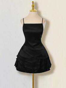 SHEIN ICON 女士缎面露背荷叶边修身迷你连衣裙，配腰带 - 黑色 - 查看 3
