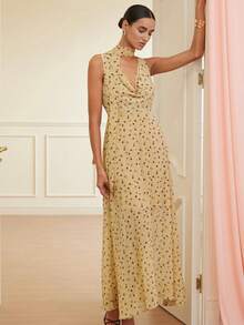 Revavyn 时尚休闲随机水印波点荷叶边领收腰长款无袖连衣裙，欧美风，秋冬款 - 彩色 - 查看 5