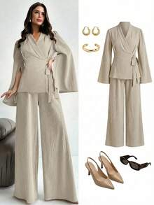 Firerie 2pcs Women's Apricot Tie-Up Split Sleeve Mandarin Collar Top And Elastic Waist Wide Leg Pants Set, Apricot Suit, Mandarin Collar Suit, Apricot Suit, Elegant, Commute, Casual, Business, Workwear, Teacher's Day, Back To School,Spring Outfit Women - Apricot - View 9