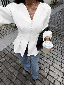 Siren Gaze Áo nữ cổ chữ V tay phồng xếp ly eo, màu trơn, kiểu dáng thường ngày, công sở, đa năng, mùa xuân/thu. - trắng - Xem 3