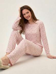 Loomlin Women's Ditsy Floral Round Neck Long Sleeve Top And Pants Pajama Set Floral Pajama Set Womens Pajama Set Two Piece Pajama Set Long Sleeve Pajama Set Round Neck Pajama Set - Pink - View 3