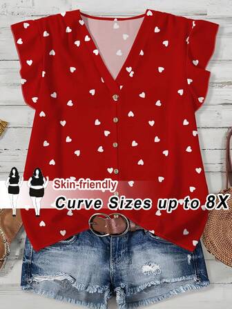 SHEIN CURVE+ 大码可爱红色爱心印花V领短袖上衣，适合作为教师节礼物，夏季款