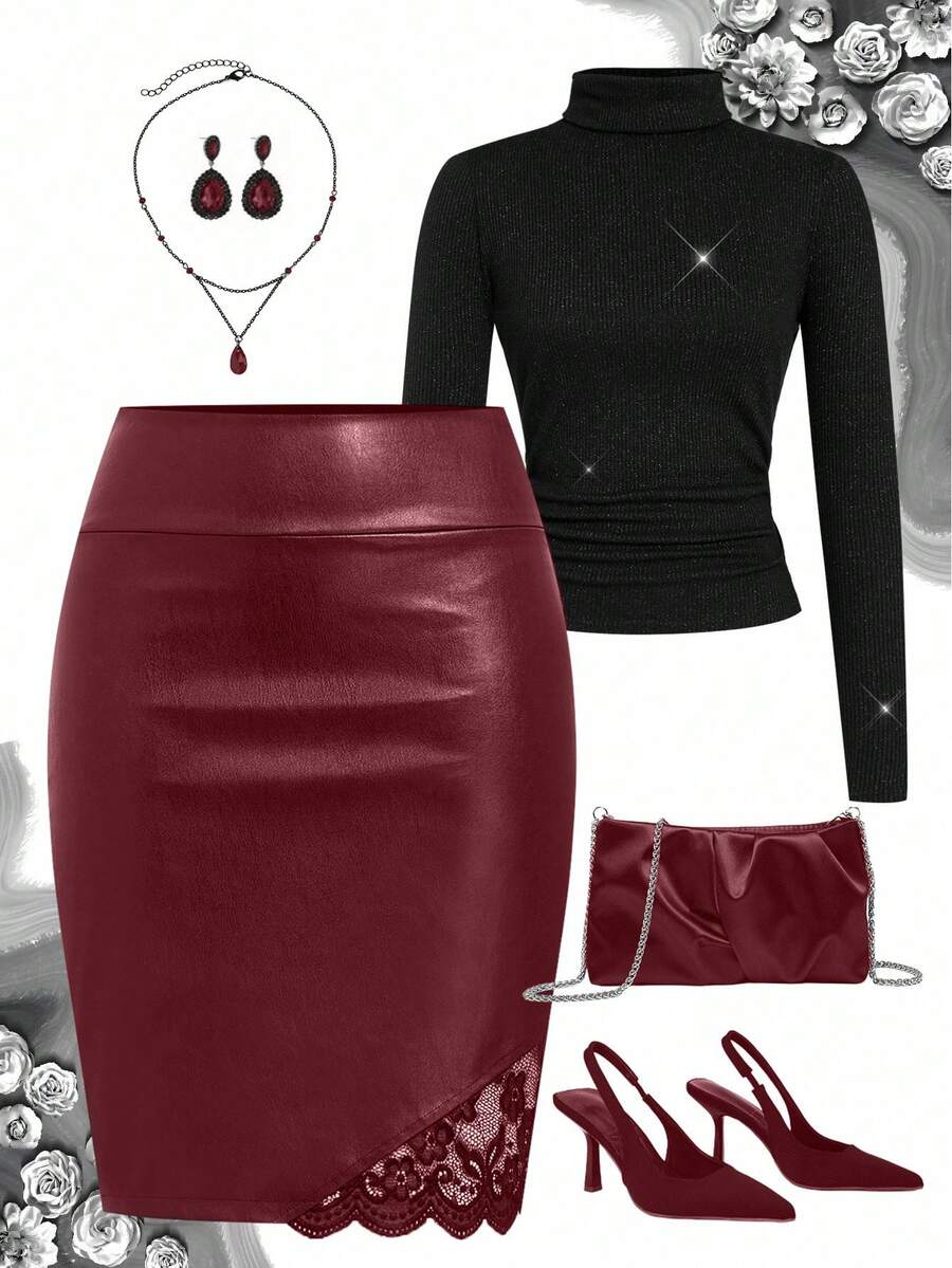 Gownix Women's Solid Color Slim Fit Minimalist Design Versatile Skirt - Red - View 1