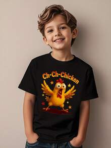 SHEIN 男童休闲时尚创意个性清新简约可爱卡通小鸡、星星、字母印花基础款短袖T恤，舒适日常穿着，温暖的夏秋款式，适合春、夏、秋季穿着。 - 黑色 - 查看 4