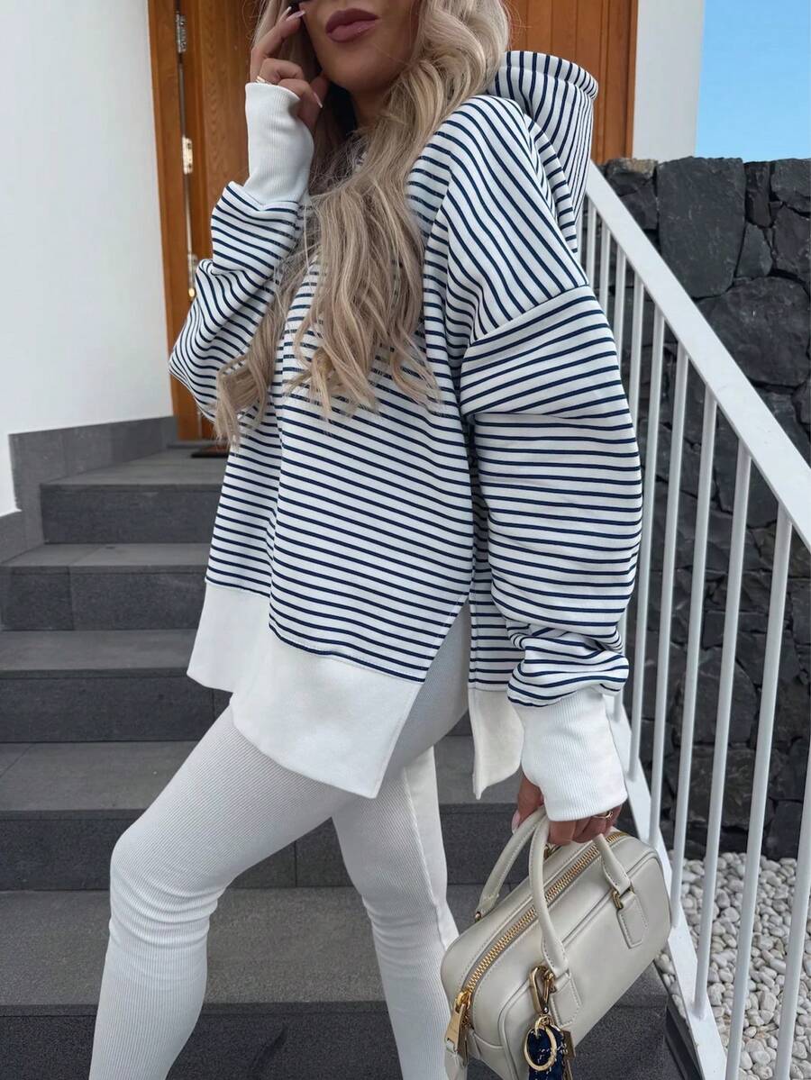 EMERY ROSE Classic And Elegant Striped Print Hooded Loose Women's Sweatshirt, Color Clashing Sweatshirt, Hem Slit Design, Cuffs With Finger Holes Design, Suitable For Fall And Winter, Women's Gift, Holiday Sweatshirt, Fashion T-Shirt, Aesthetic Sweatshirt, Sibling Gift, Sister Gift, Fun Sweatshirt, Casual Minimalist Fashion Sweatshirt