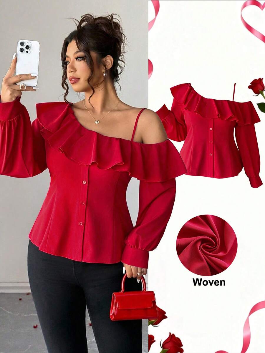 Elenzga Chic Red Plus Size Cold Shoulder Ruffle Top With Asymmetrical Neck And Long Sleeves Fall - Red - View 1