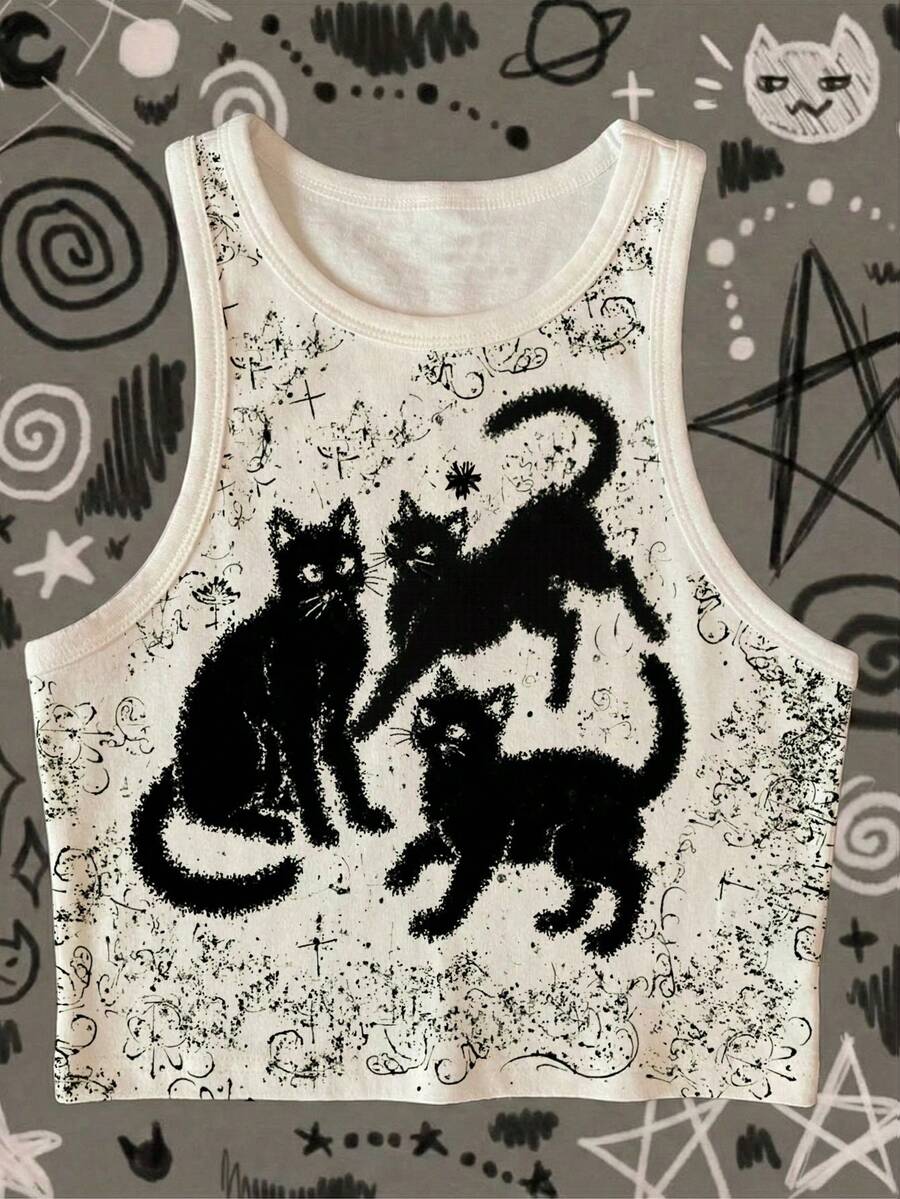 Glimmora Áo tank top ngắn tay nữ, họa tiết mèo, đa năng cho mùa tựu trường, đi làm và trang phục mùa hè. - Nhiều màu - Xem 1