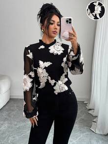 SHEIN Raffinéa Elegant Commuter Floral Embroidery Mesh Patchwork Blouse - Black - View 1