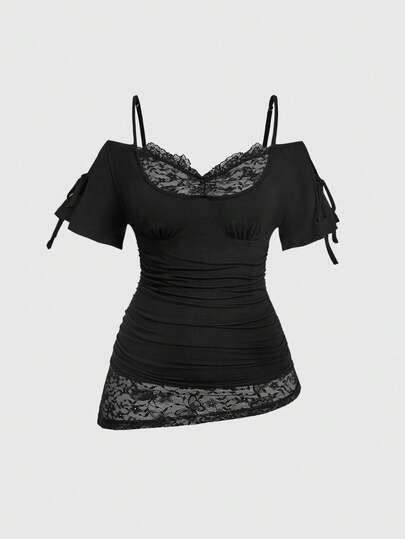 ROMWE Goth Plus Size Sexy Butterfly Lace Patchwork Minimalist Versatile Shoulder Long Top