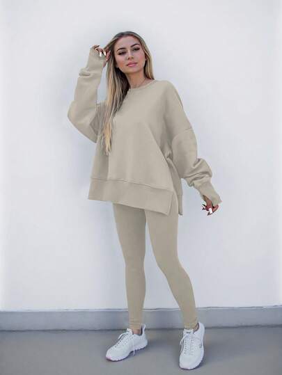 INAWLY 大码休闲宽松纯色长袖上衣和紧身裤两件套