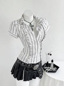 Elamini Women's Striped Short Sleeve Fitted Front Button Ruffle Hem Blouse, Summer - White - View 3