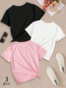 SHEIN 女童休闲字母卡通图案圆领短袖T恤，夏季 - 粉色 - 查看 2