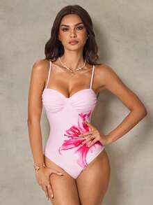 Shapewave Women's Summer Beach Floral Print Spaghetti Strap Ruched Front High Elasticity Shapewear Criss-Cross Back Casual Vacation One Piece Swimsuit - Pink - View 3