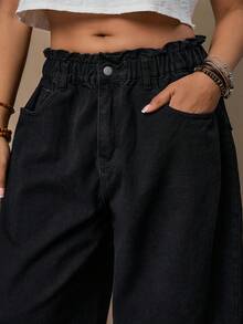 Freevana Quần jeans ống rộng, màu trơn, cạp chun kiểu túi giấy, cỡ lớn, có túi. - màu đen - Xem 4