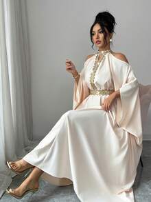 SHEIN Elenzya Áo choàng ôm eo màu vàng ánh kim thanh lịch, hở vai, thích hợp cho các buổi đi chơi, hẹn hò, tiệc mùa hè và các dịp trang trọng. - Màu be - Xem 7