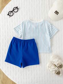 Bubblio Bộ 2 món gồm áo thun ngắn tay và quần short in hình động vật dễ thương cho bé trai, áo khoác kiểu bóng chày, quần áo mùa xuân/hè cho bé trai. - Màu xanh lam - Xem 2