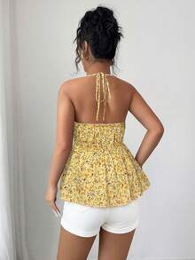 Elenzga Camiseta de tirantes finos con cuello en V, estampado floral amarillo, cintura con lazo y volantes, estilo sexy para vacaciones de verano de la mujer. Adecuado para salidas, citas, vacaciones, alta relación calidad-precio - Amarillo - Ver 2