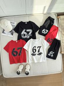 Playful Pals Conjunto de 3 piezas para niños jóvenes, camiseta de manga corta con estampado del número 67 y pantalones cortos, atuendo deportivo, verano, día de la carrera, actividades casuales de vuelta a la escuela - Multicolor - Ver 2