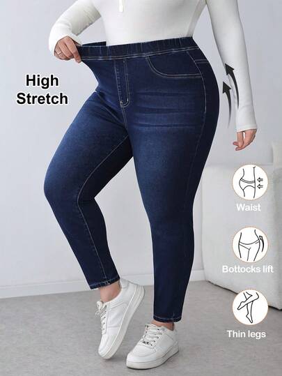 SHEIN PETITE CURVE Jeans de talle alto, ajuste delgado, lavados, de uso casual, muy elásticos y cómodos, para primavera y verano, tallas pequeñas y grandes