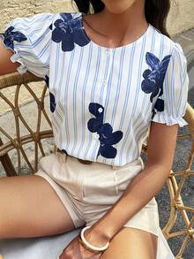 Louniche Women's Casual Vacation Floral & Striped Print Ruffle Trim Short Sleeve Loose Blouse, Summer - Blue - View 5