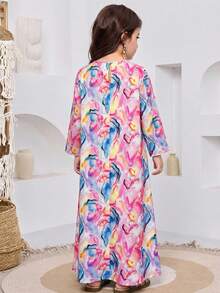 SHEIN 女童时尚印花V领长袖连衣裙 - 彩色 - 查看 5