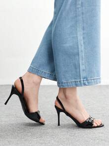 CUCCOO BIZCHIC New Summer Sexy Strap Metal Buckle Thin Heel Sandals, French Elegant Round Toe Open Toe Women Shoes - Black - View 3