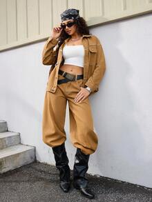 Jeanoix Y2K Fashion Turndown Collar Button-Up Washed Denim Jacket - Brown - View 3