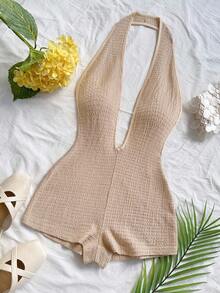 Soleia 大码女士度假针织纹理波浪图案深V领露背性感连体衣，时尚修身连体裤，适合派对、约会、下午茶、波西米亚风度假、海滩、夏季等场合。 - 杏色 - 查看 4