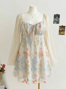 Soleia 大码女式刺绣长袖迷你连衣裙 - 杏色 - 查看 6