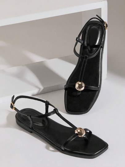 SHUZIA Women's Minimalist Comfortable Gold Metal Decor Ankle Strap Thong Flat Sandals