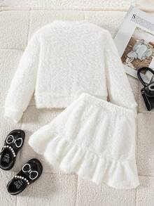 Elladie kids Young Girls Fashionable, Sweet And Cute Fluffy Long Sleeve Top Jacket With Pocket Decorated Skirt, Casual Minimalist White Jacket Set - White - View 2