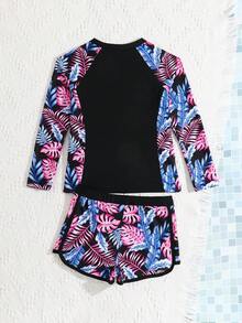 SHEIN 印花运动少女背心式泳装 - 黑色 - 查看 2