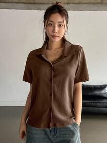 DAZY Áo thun nữ tay ngắn màu trơn, kiểu dáng thường ngày, cài cúc phía trước, thích hợp cho mùa hè. - Rỉ Nâu - Xem 4