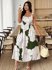 SHEIN Clasi Đầm cỡ lớn không tay, in kỹ thuật số, kiểu dáng thường ngày, phong cách nghỉ dưỡng, in họa tiết ngẫu nhiên. - Nhiều màu - Xem 4