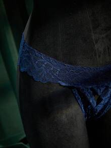 SpicyHot 女士蕾丝内衣两件套，极其性感，含钢圈文胸和内裤 - 藏蓝色 - 查看 4