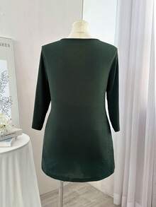 Lacomfia 女士圆领七分袖交叉长款休闲舒适加大码T恤 - 綠色 - 查看 2