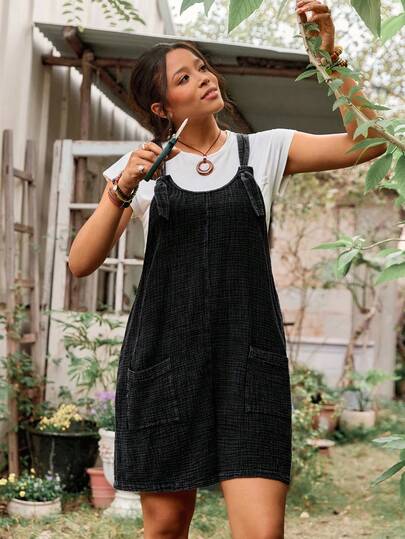 Freevana Plus Size Women Solid Color Dual Pocket Casual Romper Gardening Outfit Vintage Jumpsuit Jumper Dress Country Style Holiday Outfit Casual Loose Fit Vintage Bohemian Festival Western Style Street Style Vacation Washed Cotton Fabric