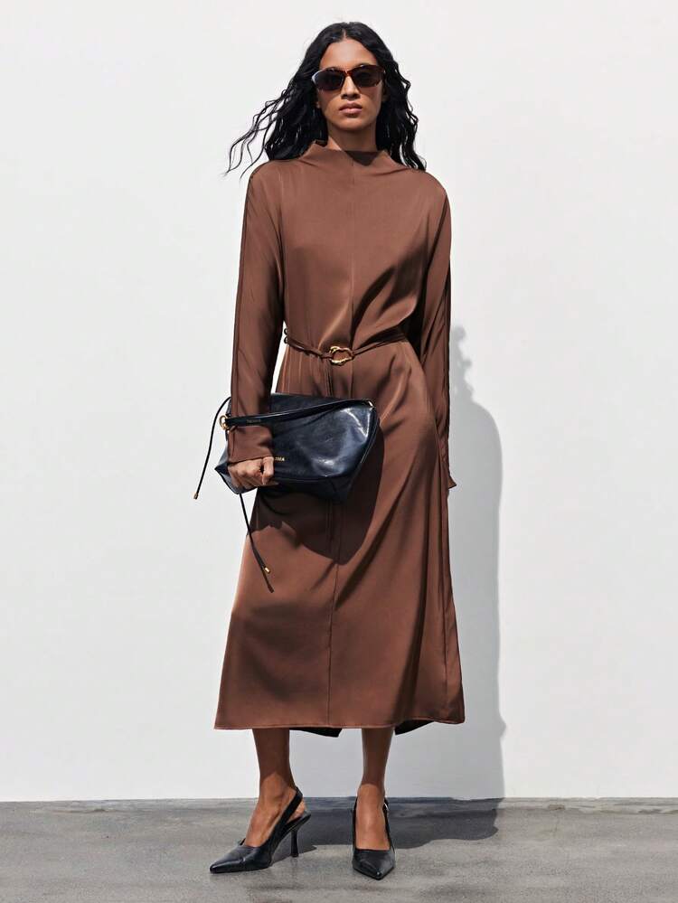 SHEIN Maija Women's Solid Color Dress With Collar Design And Waist Belt Decor, Paired With Long Sleeves, Overall Minimalist And Elegant Style. Waist-Cinching Design Flatters The Figure, Suitable For Both Business And Casual Wear, Showcasing Feminine Confidence And Sophistication.