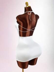 Amplova 女士纯色露背交叉吊带性感迷你连衣裙 - 白色 - 查看 1