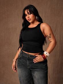 Rustia 露背吊带无袖女士露脐上衣，黑色修身性感吊带背心，适合春夏穿着 - 黑色 - 查看 4