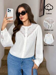 SHEIN LUNE 大码春季休闲女装夏季度假白色圆领优雅蕾丝刺绣长袖端庄上衣 Id AI-Adha Glamorous - 白色 - 查看 2