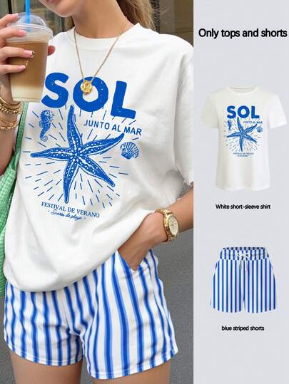 Almamuse Plus Size Women Summer Casual Commute Vacation Starfish & Letter Print Short Sleeve T-Shirt And Contrast Stripe Shorts 2 Piece Set