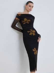 Aveloria Modichic Đầm ôm sát in hoa thanh lịch, chất liệu vải lưới nhẹ, cổ áo bất đối xứng, eo nhún, tay dài, đa năng cho các dịp thường ngày, dự tiệc, đám cưới và các sự kiện khác. - màu đen - Xem 3