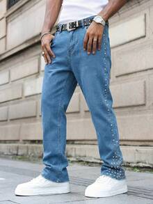 Manfinity EMRG Quần jean denim nam thường ngày kiểu dáng casual, có đinh tán và túi xéo. - Rửa nhẹ - Xem 6