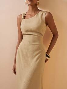 Zivah 2026春夏新款音乐节、复活节、圣帕特里克节、情人节、约会、西部风、游牧风、生日派对、毕业典礼、大学、学生、日常穿着、百搭基础款、休闲、度假、邮轮旅行、海滩、日光浴、爆款、街头风、婚礼宾客波西米亚风、通勤、早午餐、机场、派对、假日郊游、办公室穿着无袖不对称领口收腰A字型长裙,杏色亚麻面料 - 杏色 - 查看 2