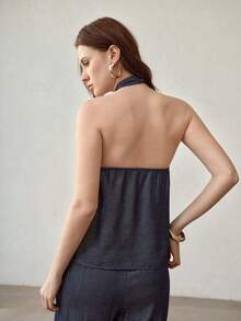 MOTF PREMIUM SOLID BACKLESS METAL DETAIL HALTER TOP - Blue - View 3